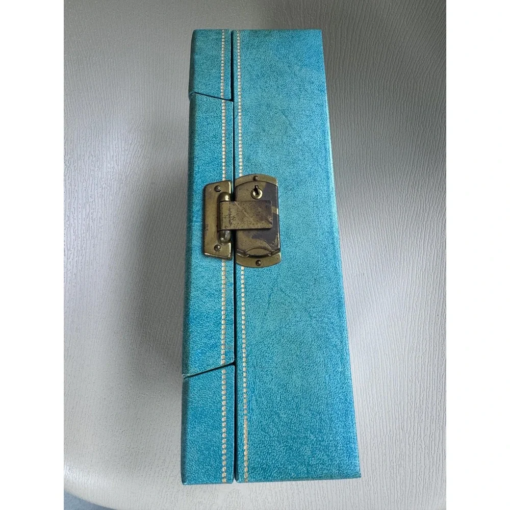 1950s Bond St. Blue Mid Century Folding Jewelry Box w Mirror Vintage Vanity Case